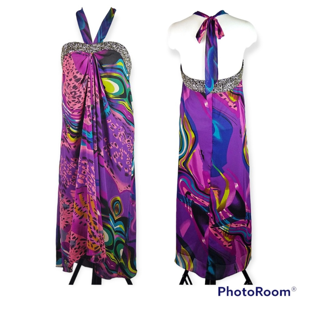 Beach summer vacation halter dress with gold sequin stripe. EUC